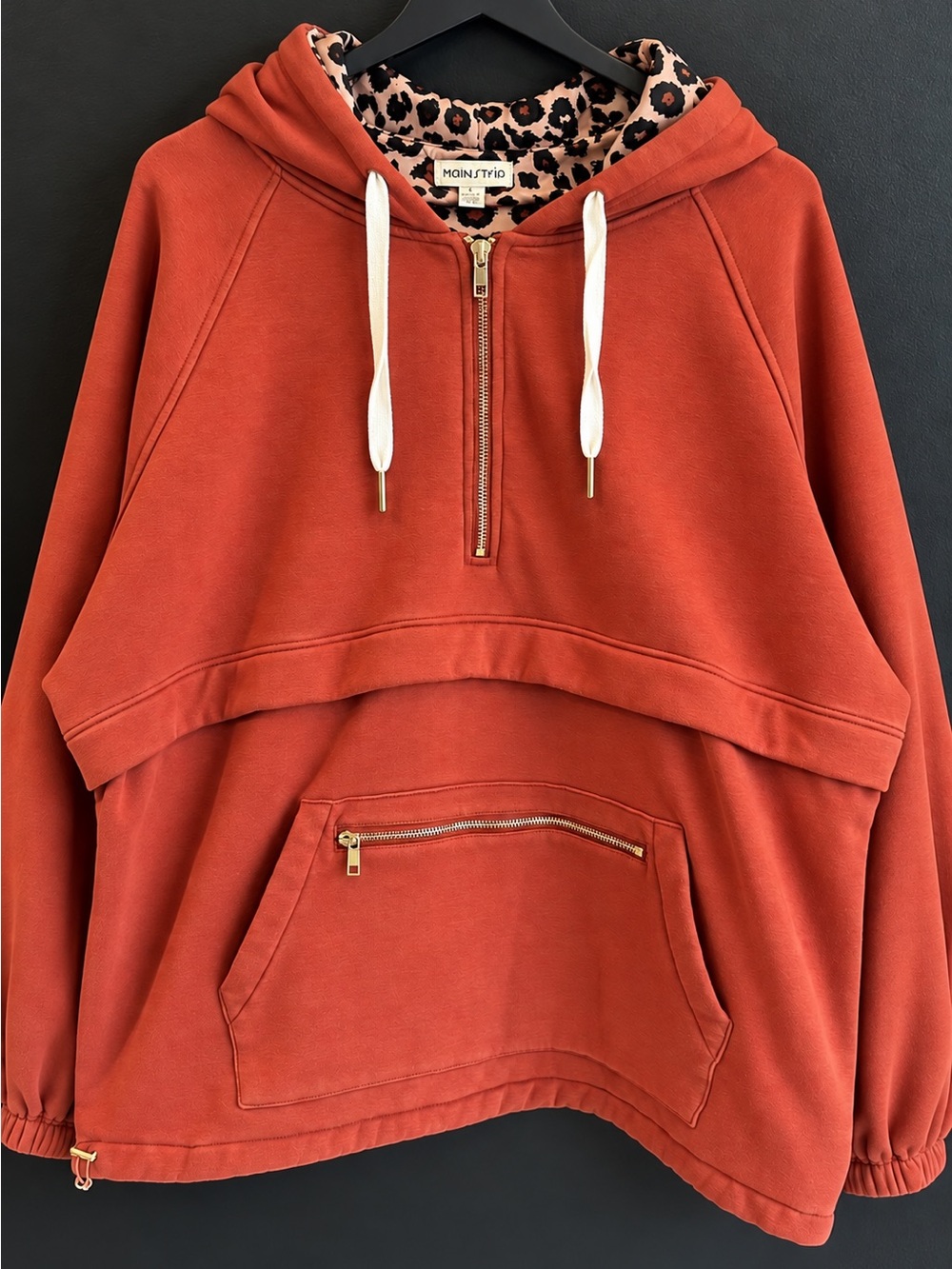 Main Strip L Rust Leopard Lined Layered Hoodie Gold Zip Boho Pullover Cozy